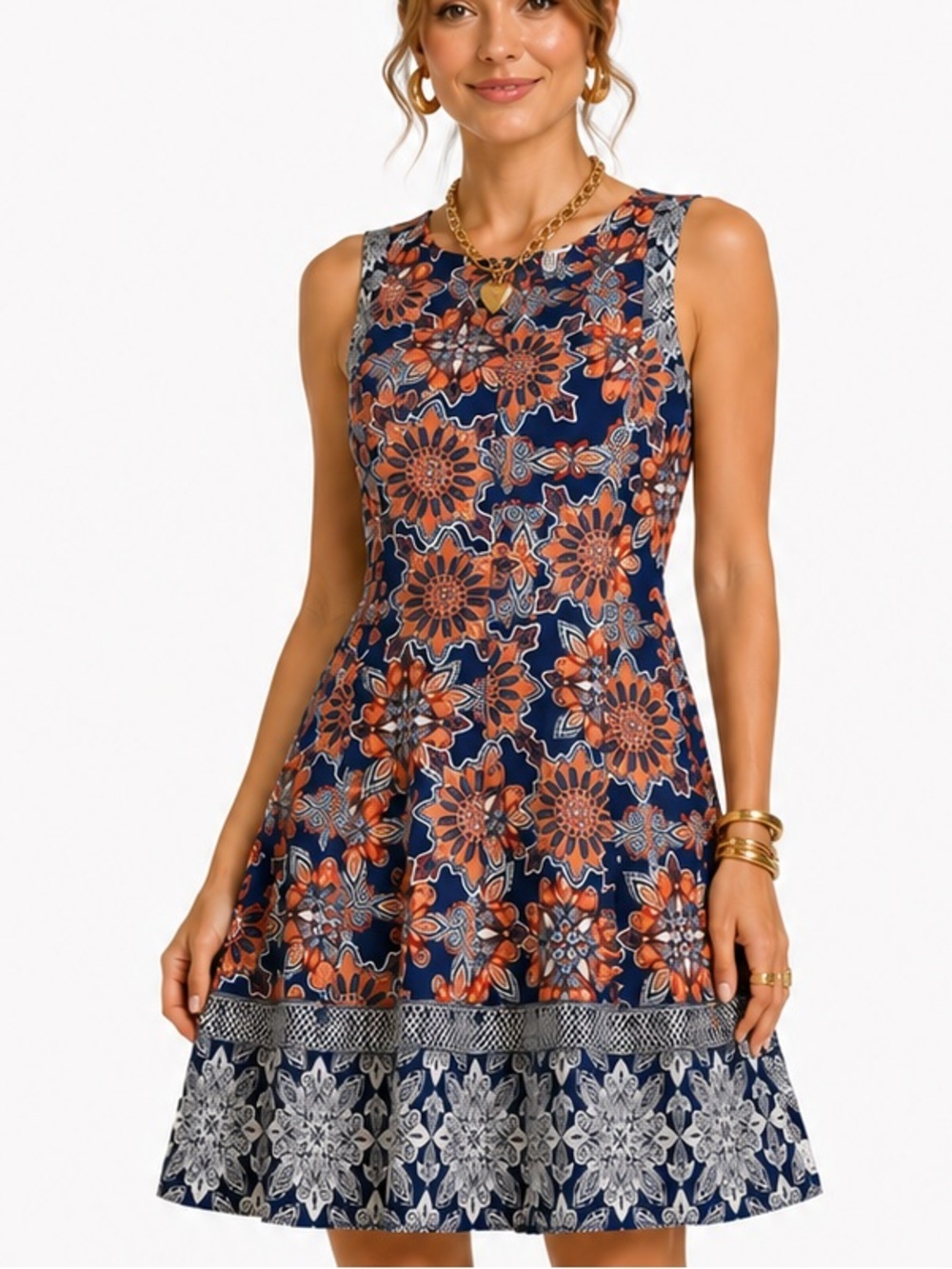 Borne Blue Coral Floral Medallion Resort Sundress Size 8 Fit Flare Summer Dress